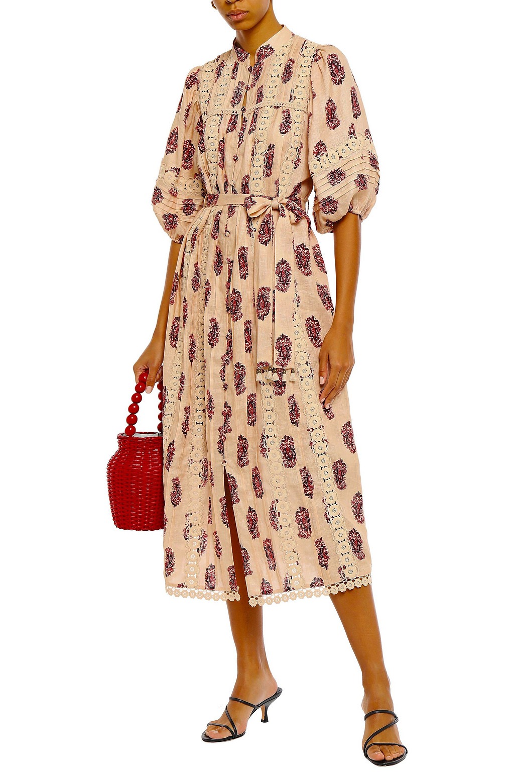 Sale On Zimmermann Belted Macram Trimmed Floral Print Linen Midi Dress