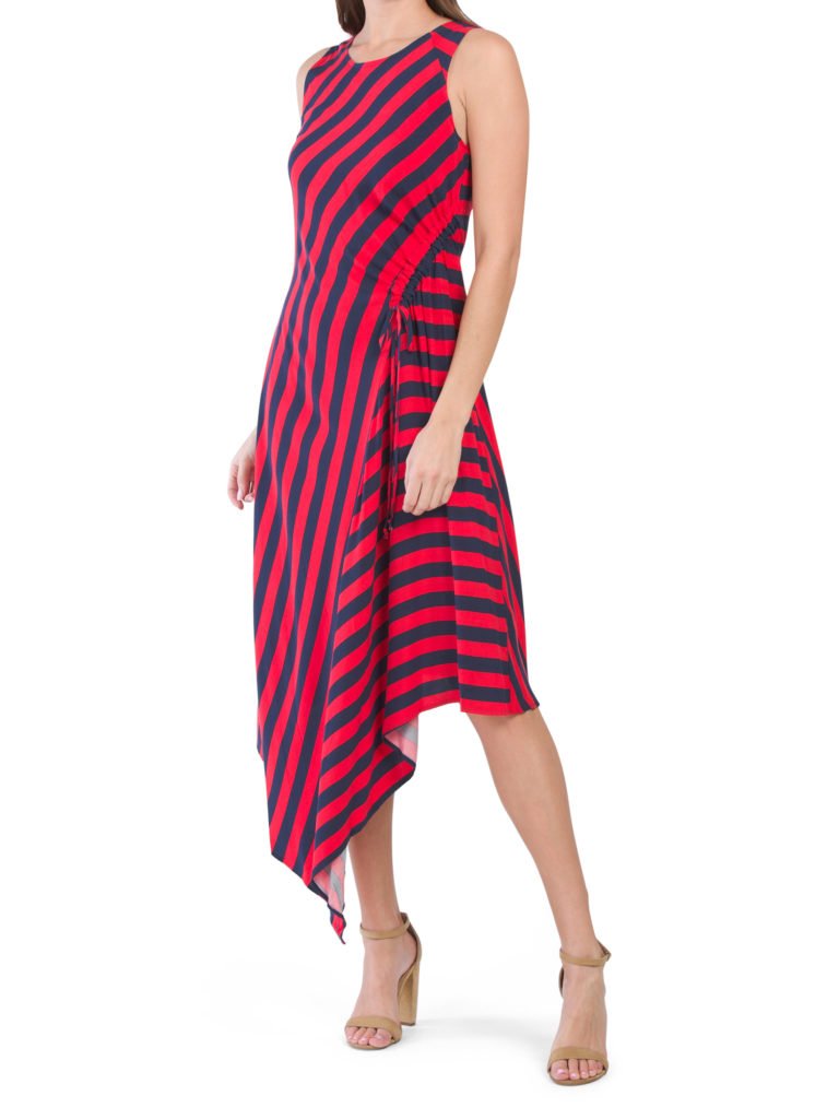 Drawstring Stripe Asymmetrical Hem Dress - Dealperx