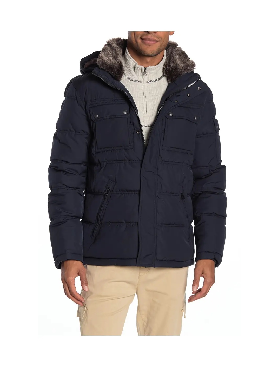 Sale on Cole Haan Faux Fur Trim Hooded Zip Puffer Jacket