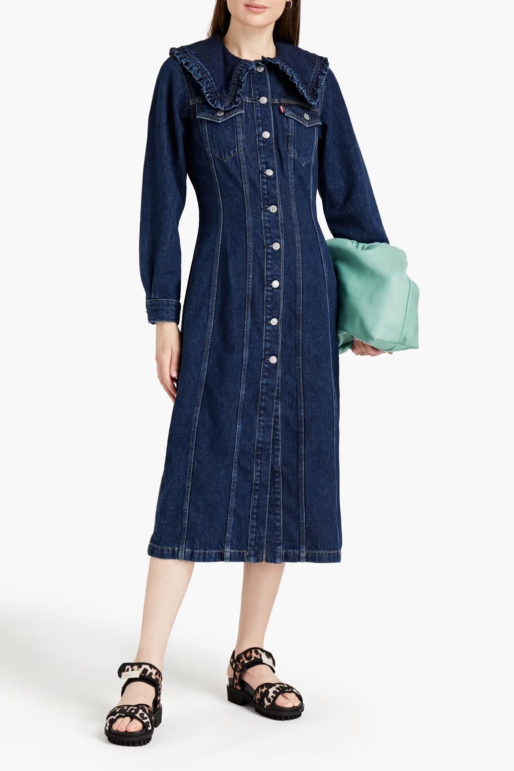 Sale on Ganni Ruffle-trimmed cotton and hemp-blend denim shirt dress