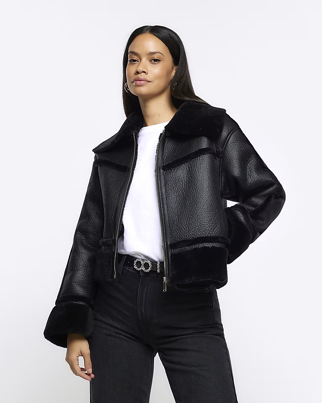 Black Faux Leather Aviator Jacket - Dealperx