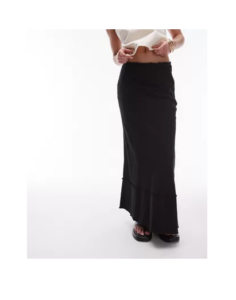Linen Look Raw Edge Trim Bias Maxi Skirt in Black