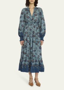 Katerina Puff-sleeve Printed Midi Dress