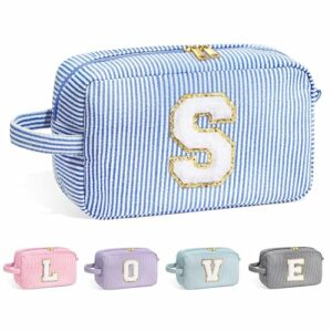 Monogram Initial Blue Cute Makeup Bag Cosmetic Toiletry Pouch Make Up Case