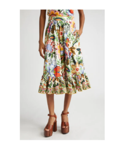 Bouquet Pleated Tiered Cotton Poplin Midi Skirt