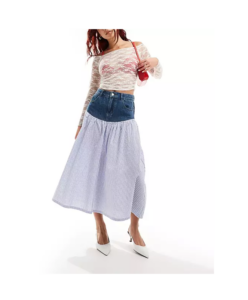 Urban Revivo Stripe Spliced Denim Midaxi Skirt in Blue