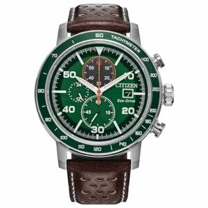 Citizen Men's Eco-drive Weekender Brycen Chronograph Watch in Stainless Steel, Brown Preforated Leather Strap, Green Bezel
