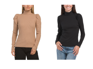 Pima Cotton Blend Long Shirred Sleeve Turtleneck Ribbed Top