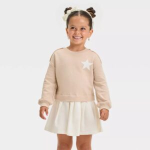 Girls' Woven French Terry Sweatshirt Dress - Beige