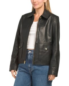 Genuine Leather Collared Front Pocket Jacket