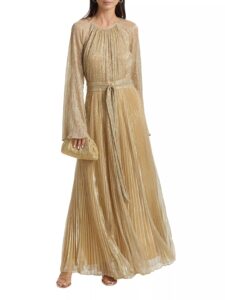 Metallic Belted Pleated Gown