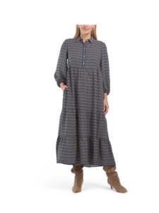 Three-quarter Sleeve Collar Button Front Tiered Maxi Dress