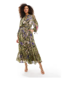 Midaxi Dress with Ruched Tie Volume Sleeves and Tiered Hem in Floral Leaf Print