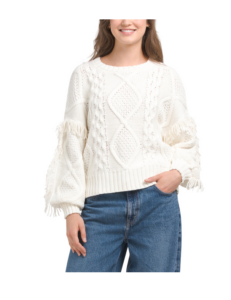 Chunky Fringed Cable Knit Mixed Sweater