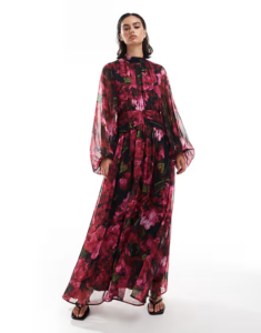 High Neck Chiffon Maxi Dress in Dark Based Red Floral Print