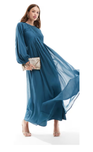 Wrap Bodice Balloon Sleeve Maxi Dress in Teal