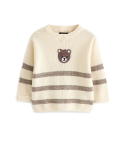 Kids' Bear Appliqué Stripe Cotton Crewneck Sweater