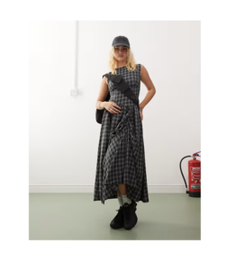 Poplin Midi Dress with Hitch Bubble Skirt in Gray Check