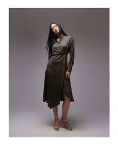 Midi Shirt Dress with Asymmetric Drape Detail in Khaki Green