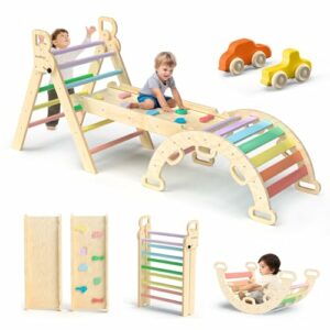 Bluewood Pikler Triangle Set 7in1 Foldable Baby Climbing Toys Wooden Montessori Climbing Set with Arch&ramp&ladder Baby Climber Indoor Jungle Gyms for Toddlers Montessori Toys - Rainbow