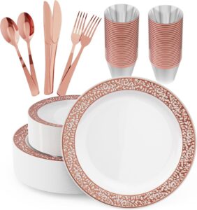 150 Count Rose Gold Dinnerware Set, Elegant Plastic Plates Include: 25 Gold Lace Plastic Plates, 25 Dessert Plates, 25 Forks, 25 Knives, 25 Spoons, 25