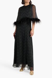 Cecilia Feather-trimmed Cape-effect Printed Silk-chiffon Maxi Dress