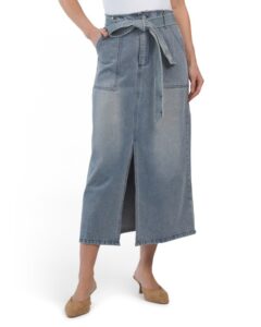 Tie Waist Denim Midi Skirt