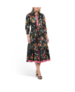 Cotton Blend Floral Shirt Dress with Flounce Hem