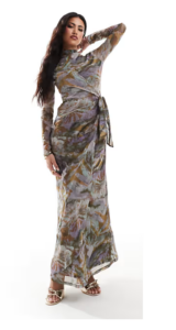 High Neck Printed Maxi Dress with Wrap Detail in Dark Floral Print