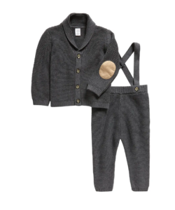 Knit Cotton Cardigan & Suspender Pants Set