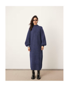 Chunky High Neck Knit Maxi Dress in Navyp