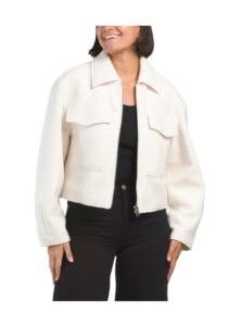 Lined Collared Zip Up Boucle Cropped Jacket with Front Patch Pockets