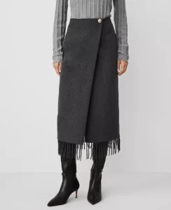 Button Waist Wrap Fringe Midi Skirt