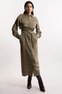 Slub Organdie Woven Utility Midi Dress with Button Sleeve Detail