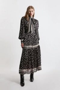 Petite Polka Dot Woven Balloon Sleeve Belted Midaxi Dress