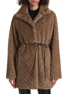 Amia Chevron Faux-fur Tie-waist Coat