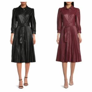 Belted Accordian Pleated Faux Leather Dress