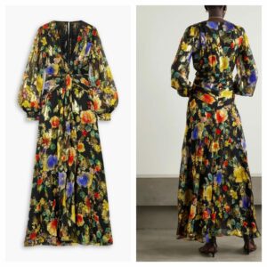 Meera Gathered Floral-print Metallic Fil Coupé Silk-blend Maxi Dress