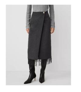 Button Waist Wrap Fringe Midi Skirt