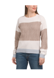 Color Block and Mixed Stitch Crew Neck Pull over Sweater