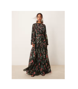 Long Sleeve Shirred Crinkle Maxi Dress with Dropped Waist in Khaki Floral Print