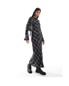 Long Sleeve Maxi Dress with Cowl Neck in Navy Plaid