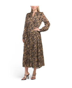 Long Sleeve Paisley Printed Tiered Maxi Dress