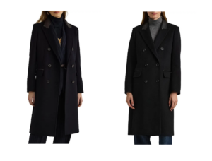 Faux Leather Trim Double Breasted Wool Blend Reefer Coat