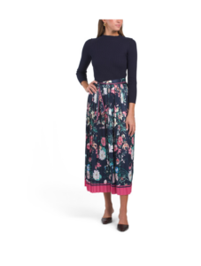 Mixed Media Knit Top and Pleated Floral Skirt Maxi Dress with Belt