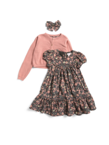 Toddler Girls Puff Sleeve Corduroy Dress with a Cardigan and Hair Bow