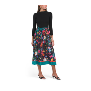 Mixed Media Knit Top Floral Skirt Midi Dress