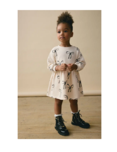 Kids' Bow Print Long Sleeve Cotton Jersey Dress Size 2-7