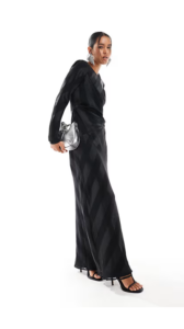 Long Sleeve Draped Striped Maxi Dress in Black