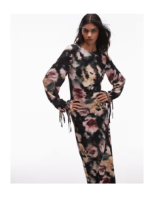 Balloon Tie Sleeve Maxi Dress in Black Based Floral